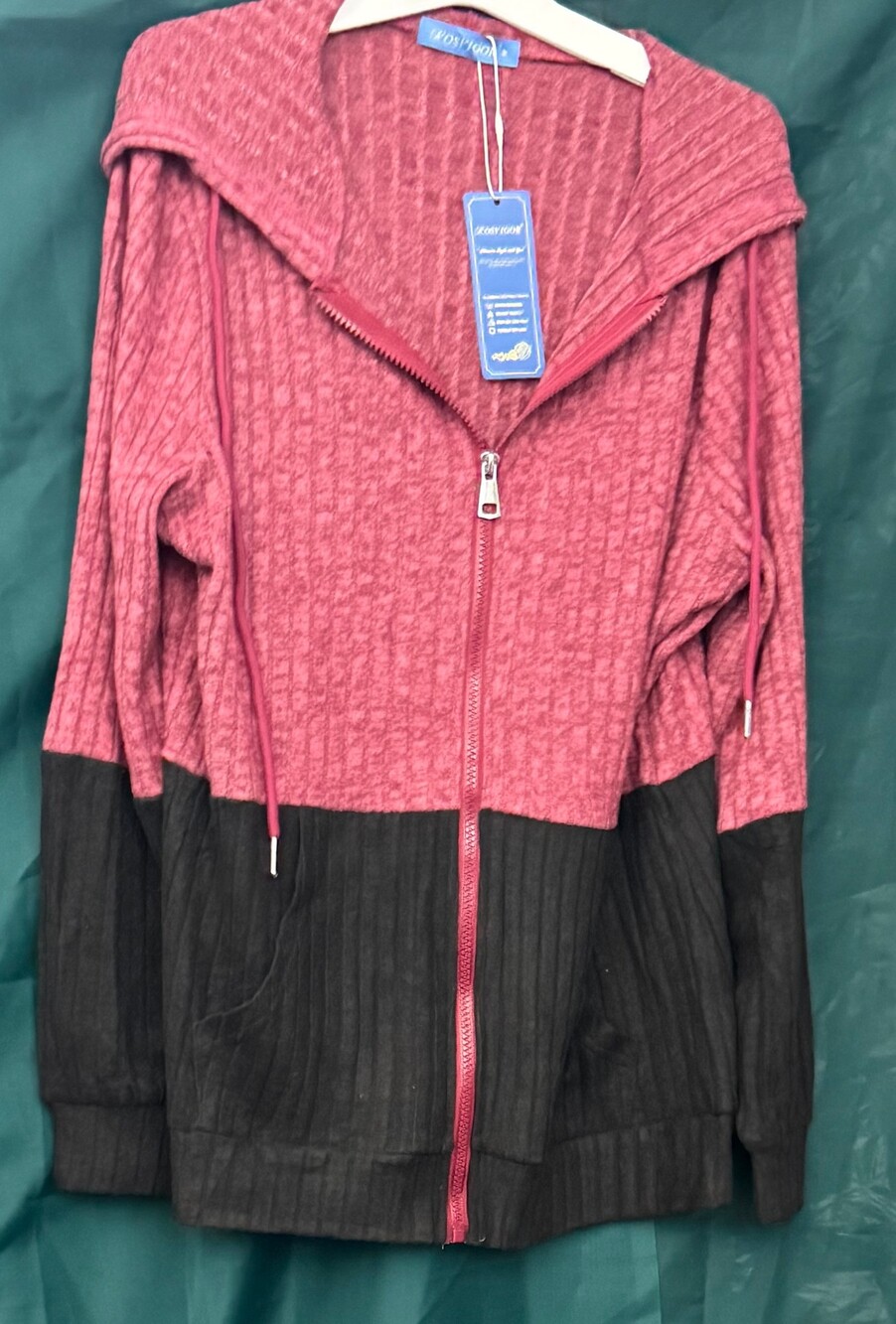 ROSVIGOR Pink and Black Zip-Up Hoodie Ribbed Texture Hooded Jacket